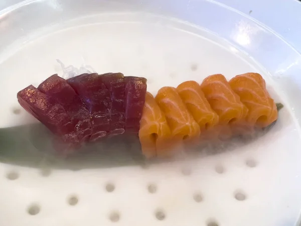 Tuna Salmon Sashimi White Plate High Quality Photo — Stockfoto
