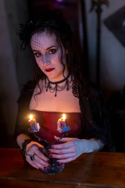 Beautiful Brunette Vampire Girl Bloody Teeth Walks Castle Candle Her — Stockfoto