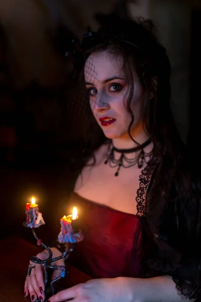 Beautiful Brunette Vampire Girl Bloody Teeth Walks Castle Candle Her — Stok fotoğraf