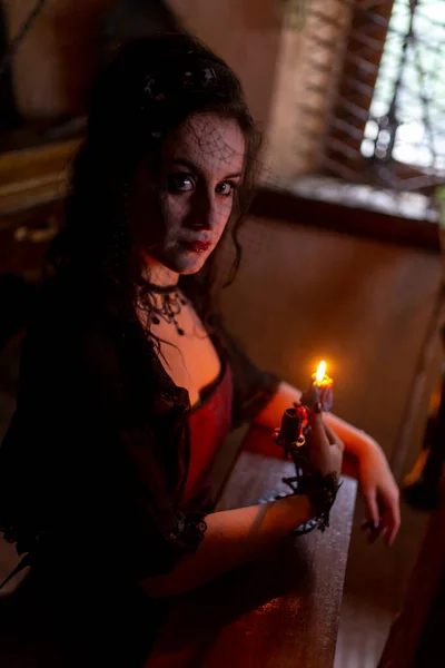 Beautiful Brunette Vampire Girl Bloody Teeth Prays Confessional High Quality — Stok fotoğraf