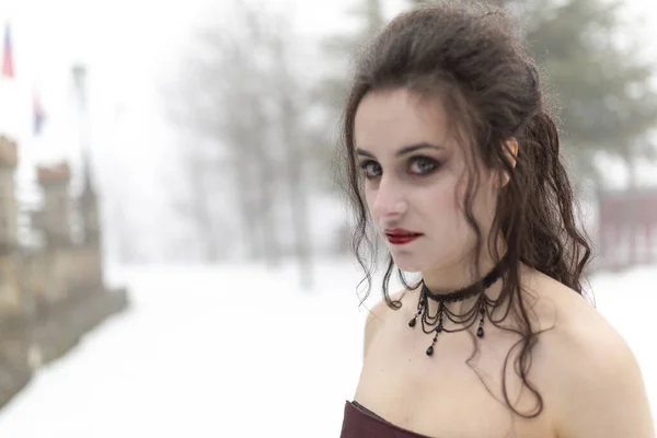 Beautiful Brunette Vampire Girl Blood Red Dress Walking Snow High — Stok fotoğraf