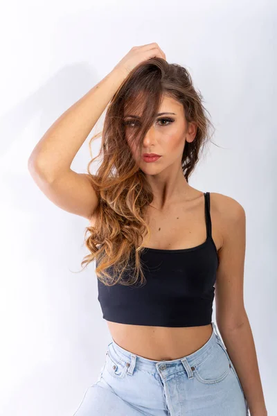Beautiful Brunette Italian Girl Posing Studio High Quality Photo — Stockfoto