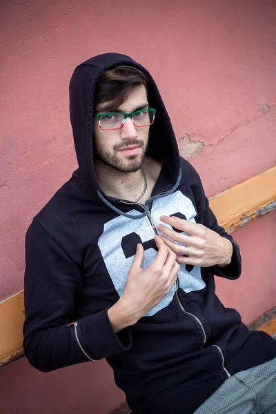 Handsome Italian Dark Haired Guy Sitting Black Sweatshirt Hood High — Stok fotoğraf