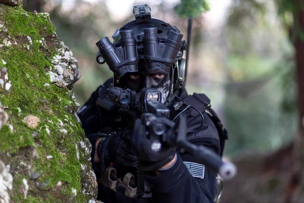 Cosplayer Military Man Armed Submachine Gun Silencer Night Vision High — Fotografie, imagine de stoc