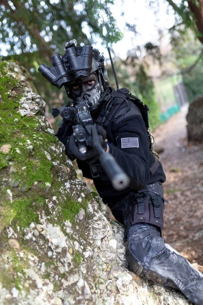Cosplayer Military Man Armed Submachine Gun Silencer Night Vision High — Photo