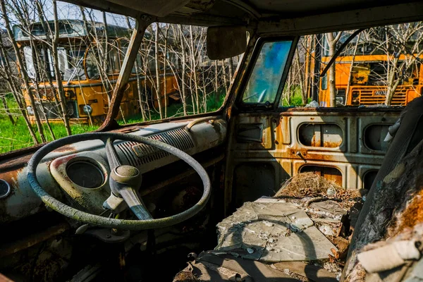 Abandoned School Bus Tram Bus Interior Leaves Branches Vegetation High — Stockfoto