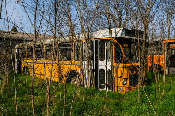 Abandoned School Bus Tram Bus Depot High Quality Photo — Foto de Stock
