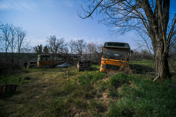 abandoned school bus tram bus depot. High quality photo
