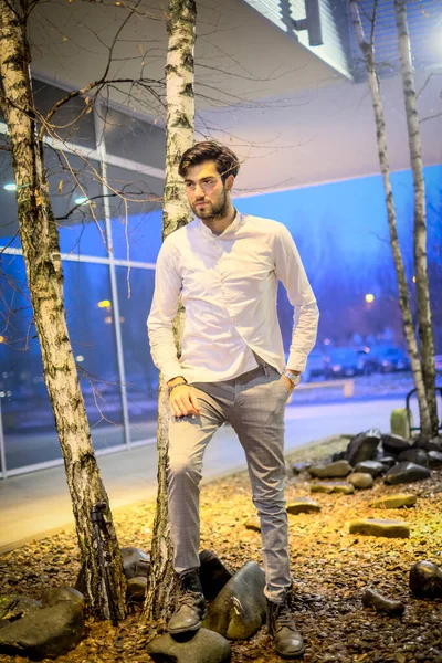 Beyaz gömlekli yakışıklı, koyu renk saçlı adam. Yüksek kalite fotoğraf