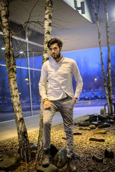 Beyaz gömlekli yakışıklı, koyu renk saçlı adam. Yüksek kalite fotoğraf