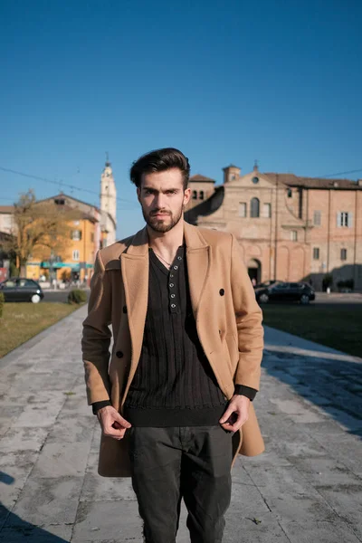 Handsome Italian Boy Walks Coat Historic Center Parma High Quality — Stock Photo, Image