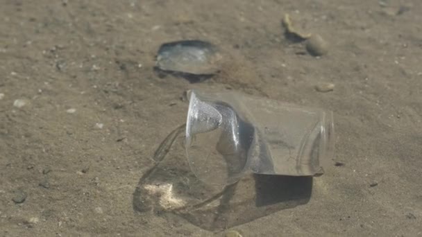 在废弃的海滩上浪费塑料杯 高质量的4K镜头 — 图库视频影像