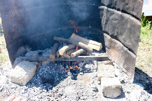 Carne Grelhada Cozida Fogo Com Salsichas Costeletas Espetos Foto Alta — Fotografia de Stock