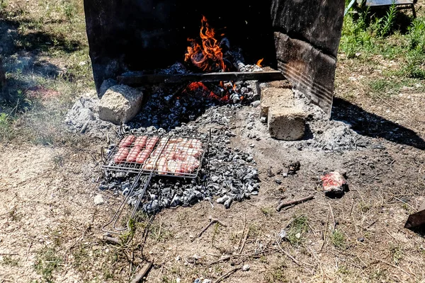 Tűzön Sült Grillezett Hús Kolbásszal Karajjal Nyárssal Kiváló Minőségű Fénykép — Stock Fotó