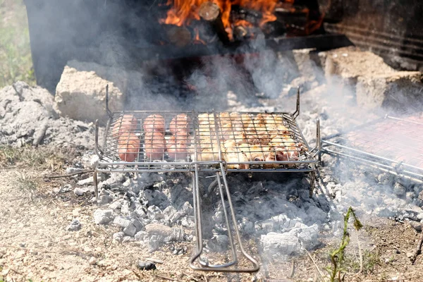 Carne Grelhada Cozida Fogo Com Salsichas Costeletas Espetos Foto Alta — Fotografia de Stock