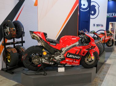 Milano, İtalya - 2021 11: Eicma Milano Bisiklet Fuarı Frank Miller Ducati MotoGp. Yüksek kalite fotoğraf
