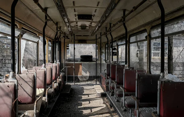 Abandoned School Bus Tram Bus Interior Leaves Branches Vegetation High — 스톡 사진
