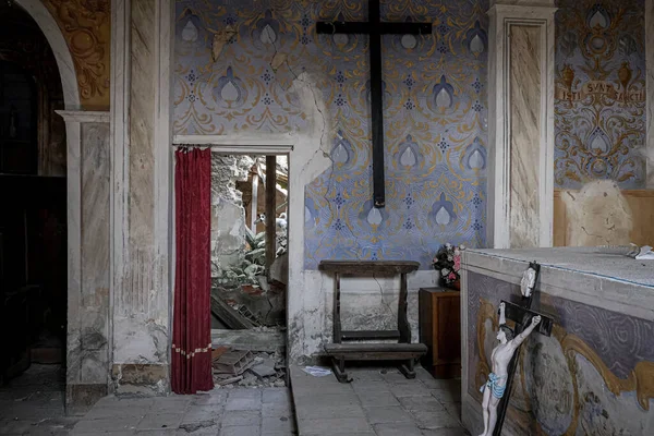 Domed Christian chapel with crucifix in abandoned church. High quality photo