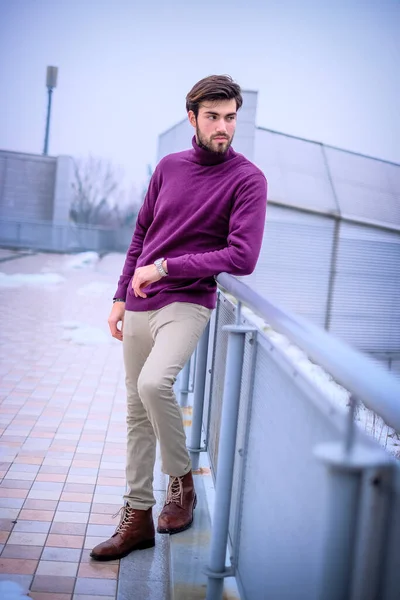 Handsome Italian Dark Haired Guy Leaning Metal Railing Red Sweater — 스톡 사진