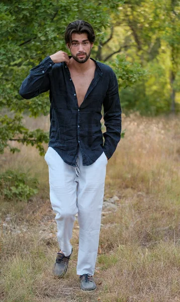 Handsome Italian Dark Haired Guy Shirt Dry Grass High Quality — Foto de Stock