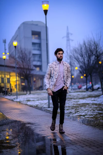 Yakışıklı, koyu renk saçlı İtalyan adam akşam vakti karlı kış parkında yürüyor. Yüksek kalite fotoğraf