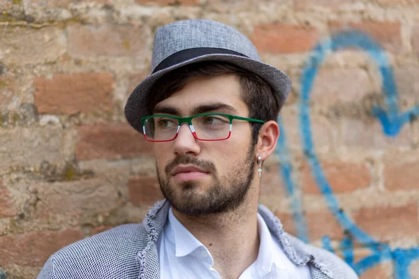 Handsome Italian Dark Haired Guy Elegant Hat Glasses High Quality — Fotografia de Stock