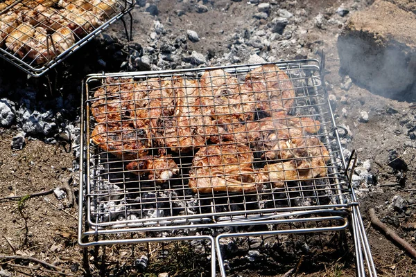 Carne Alla Griglia Cotta Sul Fuoco Con Salsicce Costolette Spiedini — Foto Stock