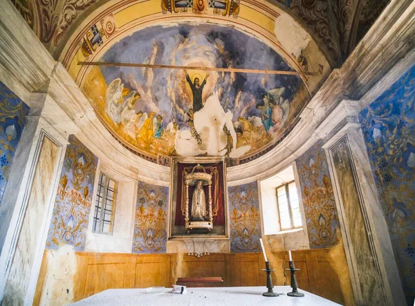 Domed Christian chapel with crucifix in abandoned church. High quality photo