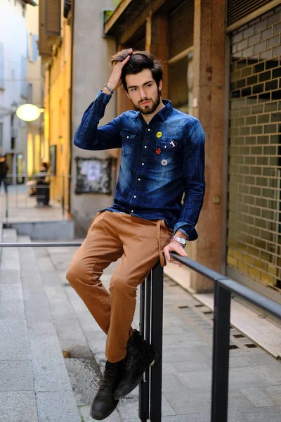Handsome Italian Dark Haired Boy Town Center High Quality Photo — Stock Photo, Image