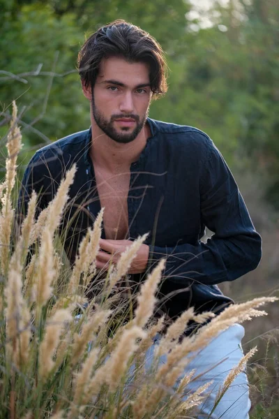 Handsome Italian Dark Haired Guy Shirt Dry Grass High Quality — Stockfoto