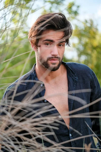 Handsome Italian Dark Haired Guy Shirt Dry Grass High Quality — Stock Fotó