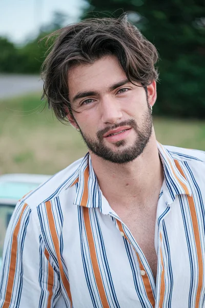 Handsome Italian Dark Haired Guy Striped Shirt High Quality Photo — Stock Fotó