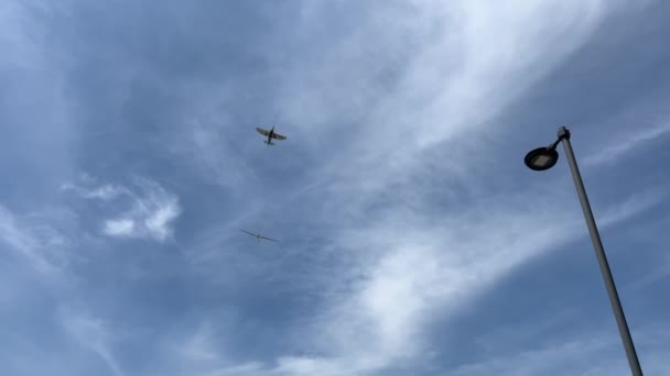 Kleines Passagierflugzeug Schlepptau Ein Segelflugzeug Den Blauen Himmel Hochwertiges Filmmaterial — Stockvideo