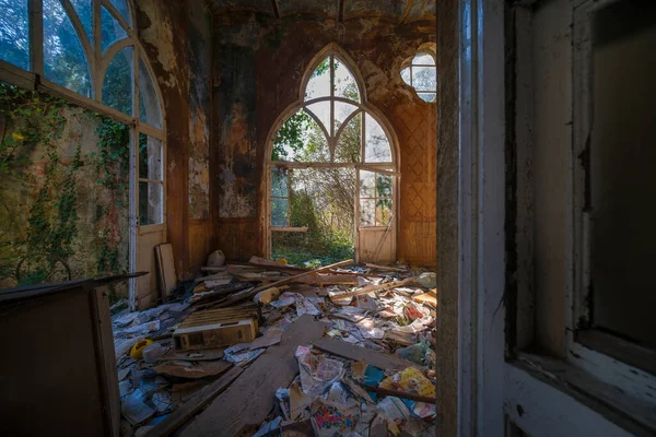 living room with corridor in abandoned house. High quality photo