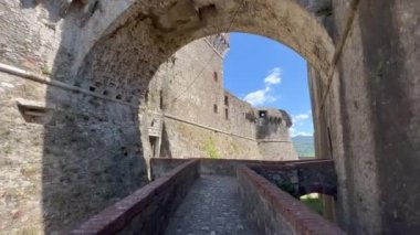 walkways and passages on the walls of the Sarzanello fortress on Sarzana Spezia. High quality 4k footage