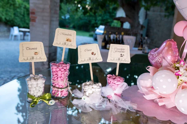 Sugared Almonds Glass Jars Christina Wedding Baptism Communion Ceremony High — Stockfoto