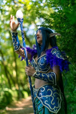 Lucca, Italy - 2018 10 31 : Lucca Comics free cosplay event around city warcraft Night Elf Girl . High quality photo