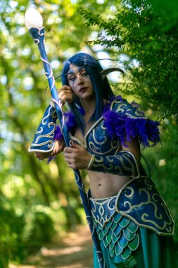 Lucca, Italy - 2018 10 31 : Lucca Comics free cosplay event around city warcraft Night Elf Girl . High quality photo