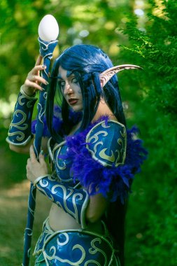 Lucca, Italy - 2018 10 31 : Lucca Comics free cosplay event around city warcraft Night Elf Girl . High quality photo