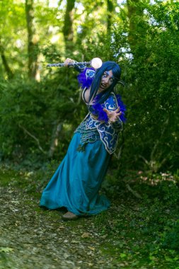 Lucca, Italy - 2018 10 31 : Lucca Comics free cosplay event around city warcraft Night Elf Girl . High quality photo