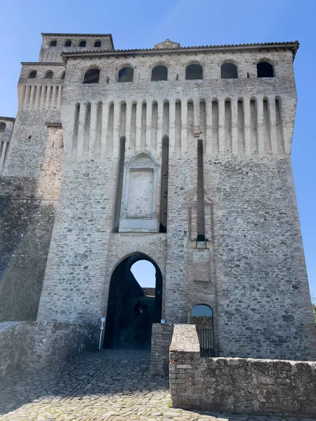 Medieval Castle Torrechiara Parma Defensive Walls Drawbridge High Quality Photo — Stock Photo, Image