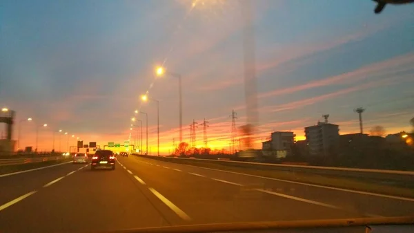 Pôr Sol Italiano Auto Estrada Foto Alta Qualidade — Fotografia de Stock