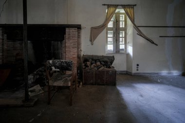 dining room with dust in abandoned house. High quality photo