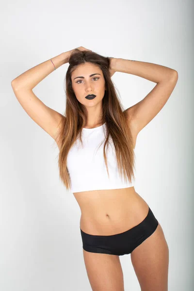 Beautiful Brunette Italian Girl White Top Black Lipstick High Quality — Stockfoto