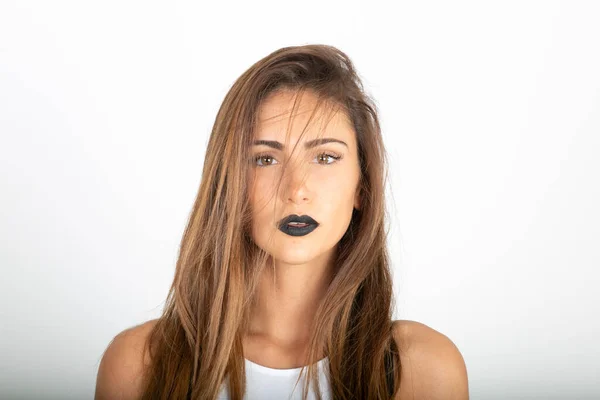 Beautiful Brunette Italian Girl White Top Black Lipstick High Quality — Fotografia de Stock