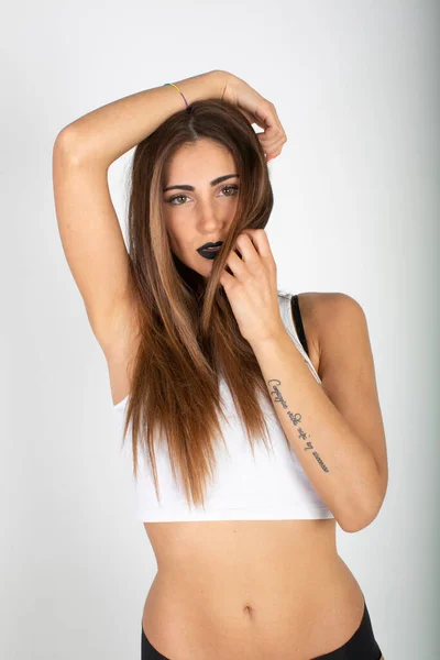 Beautiful Brunette Italian Girl White Top Black Lipstick High Quality — Stockfoto