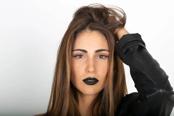 Beautiful Brunette Italian Girl White Top Black Lipstick High Quality —  Fotos de Stock