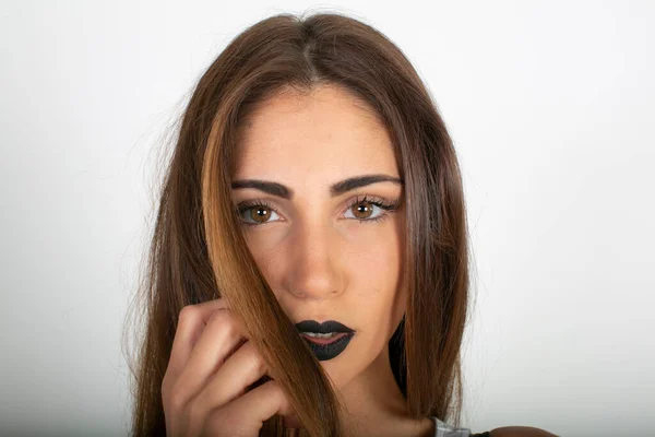 Beautiful Brunette Italian Girl White Top Black Lipstick High Quality — 스톡 사진