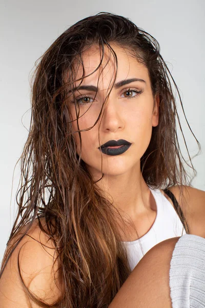 Beautiful Brunette Italian Girl White Top Black Lipstick High Quality — Foto de Stock