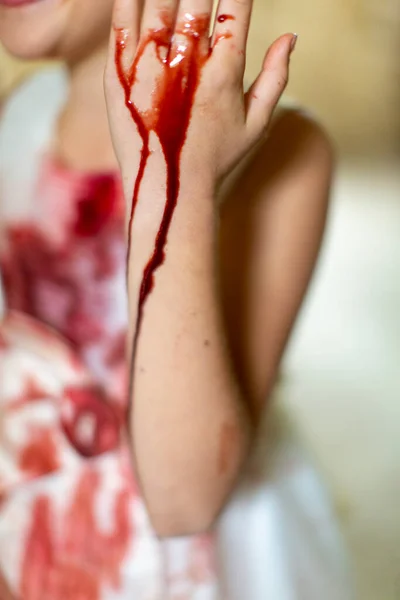 Salpicadura Sangre Vestido Blanco Foto Alta Calidad — Foto de Stock